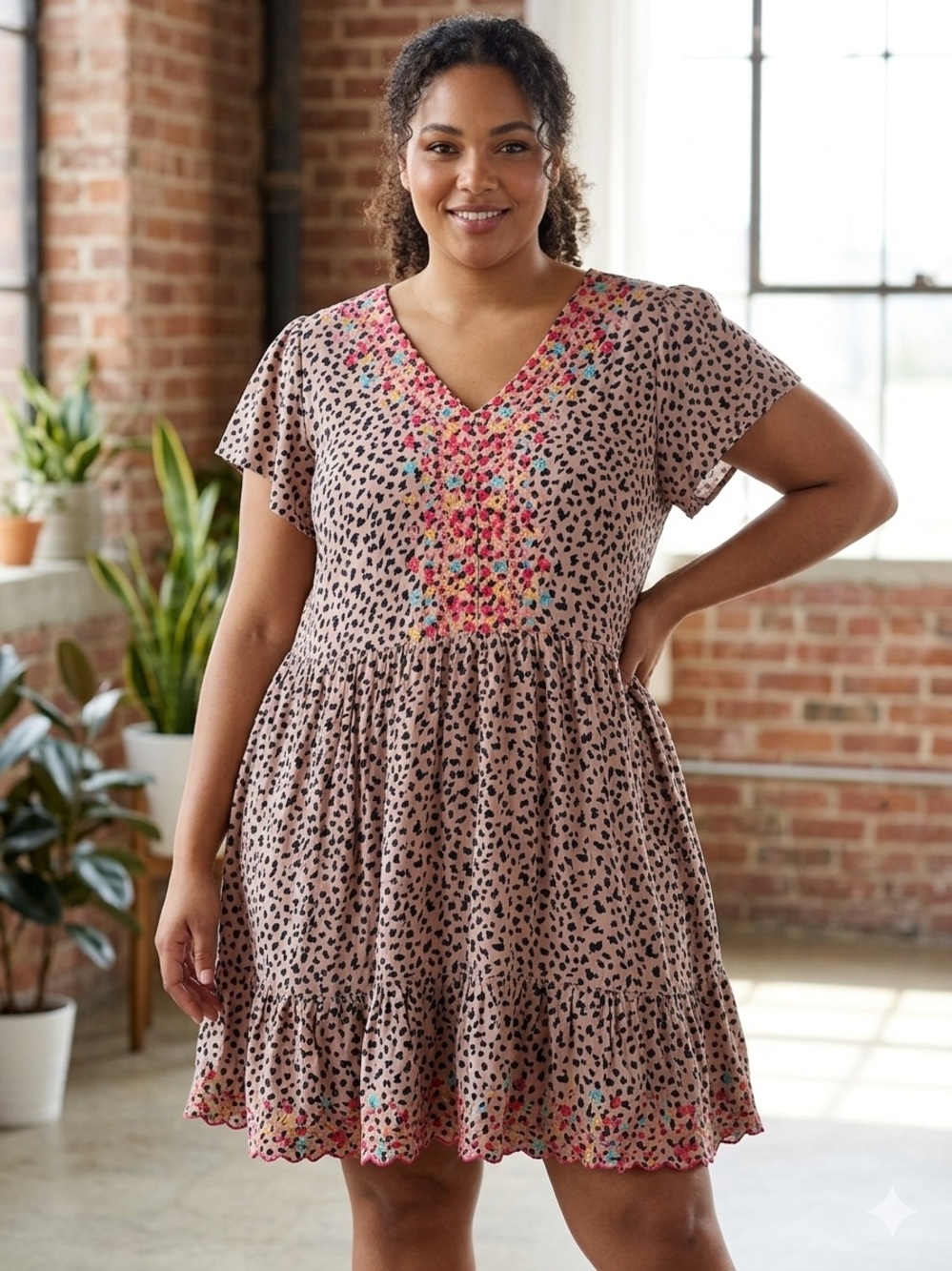 Animal Print Embroidered Tiered Babydoll Boho Plus Tunic Peasant Dress Size 2X